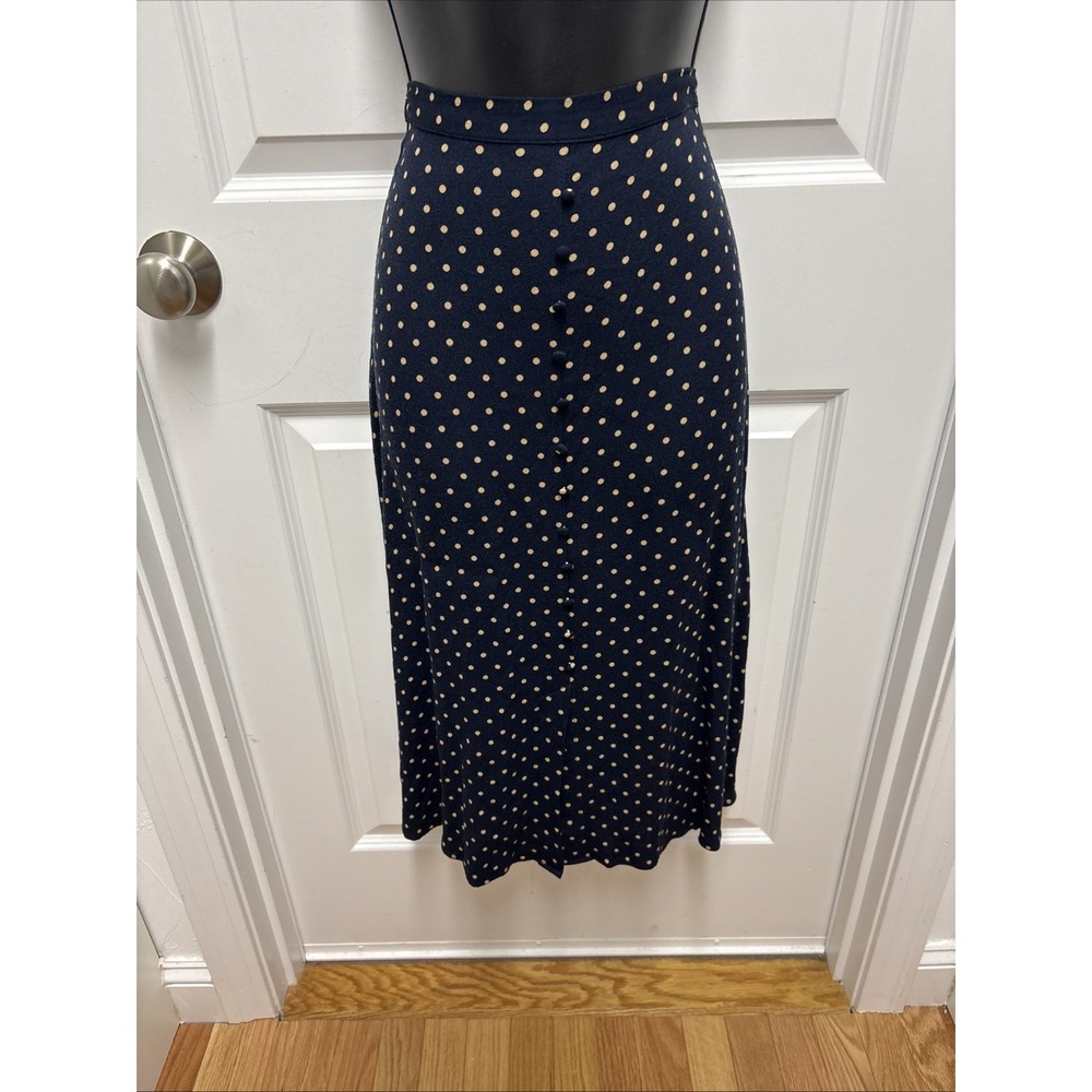 Woman's Navy Playful Pull On Polka Dot Midi Skirt Front Buttons - Size Medium